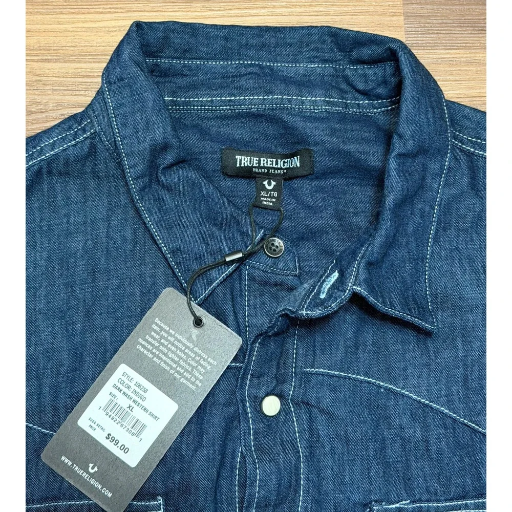 True Religion Mens Dark Wash Western Pearl Snap Shirt Indigo Denim Sz XL